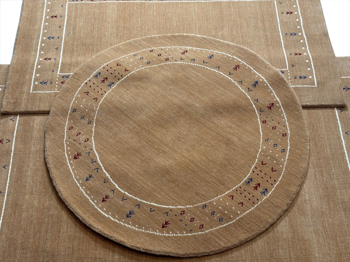 Tapis rond Gabbeh en laine nouée main 120 cm, ton camel