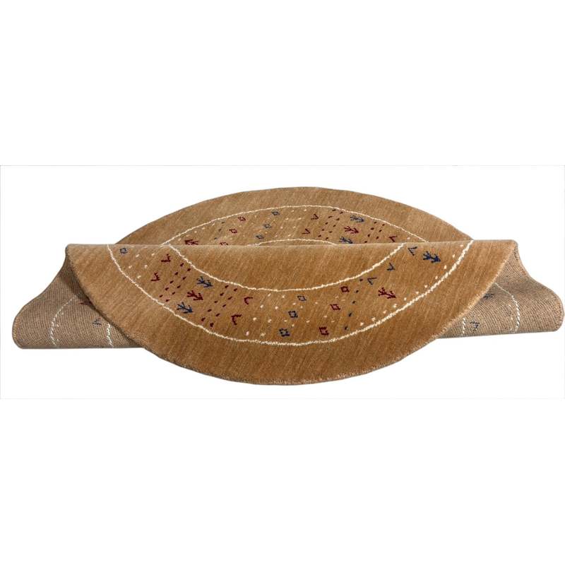 Tapis rond Gabbeh en laine nouée main 120 cm, ton camel