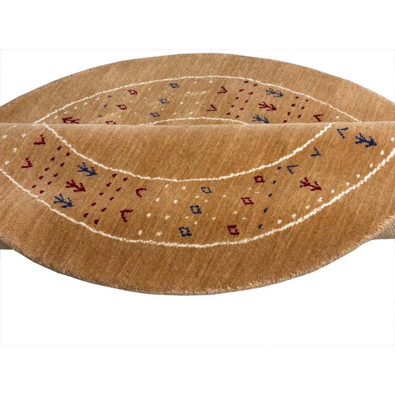 Tapis rond Gabbeh en laine nouée main 120 cm, ton camel