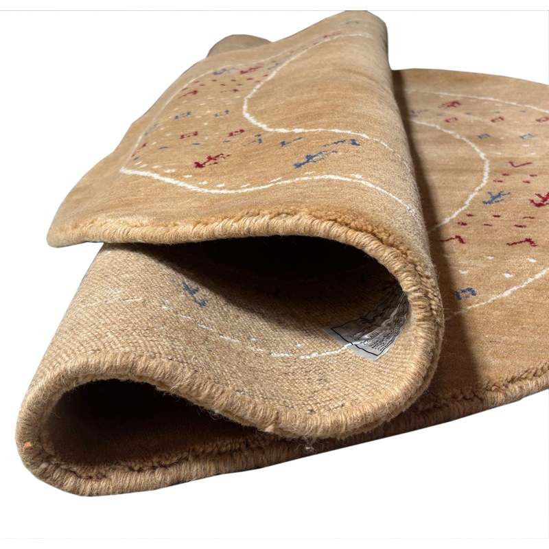 Tapis rond Gabbeh en laine nouée main 120 cm, ton camel