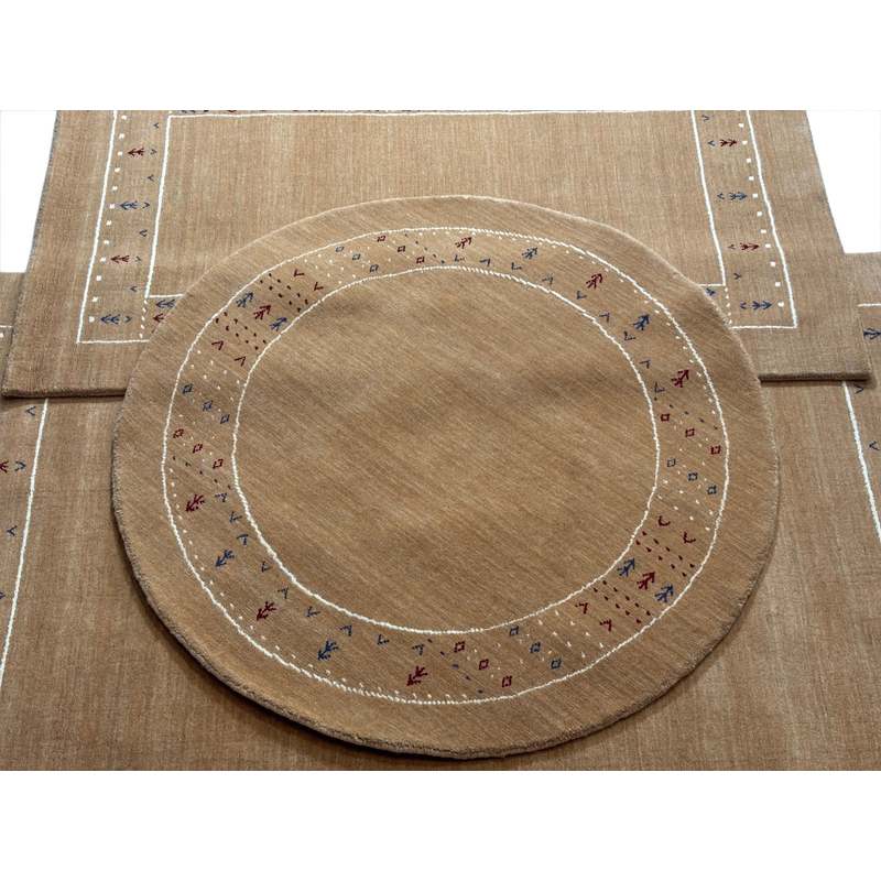 Tapis rond Gabbeh en laine nouée main 120 cm, ton camel