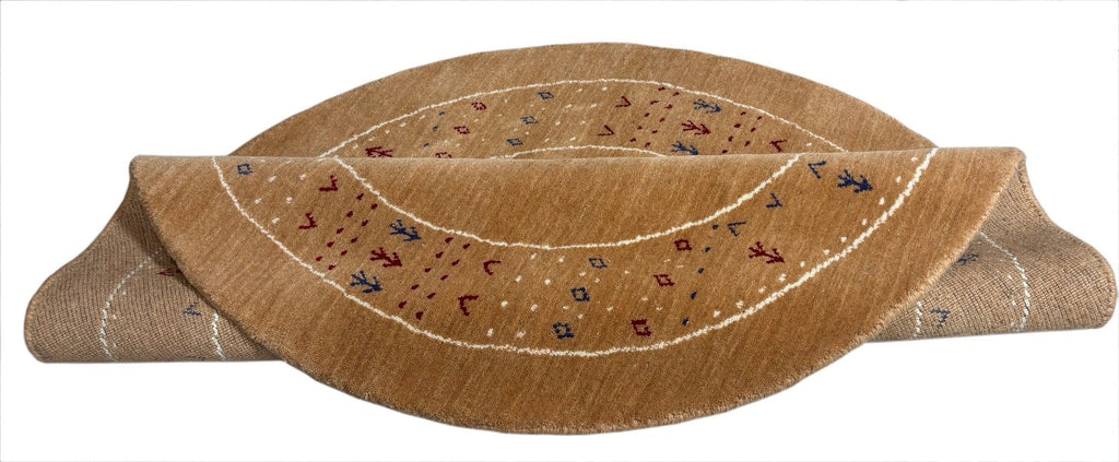 Tapis rond Gabbeh en laine nouée main 120 cm, ton camel