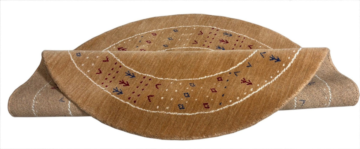 Tapis rond Gabbeh en laine nouée main 120 cm, ton camel