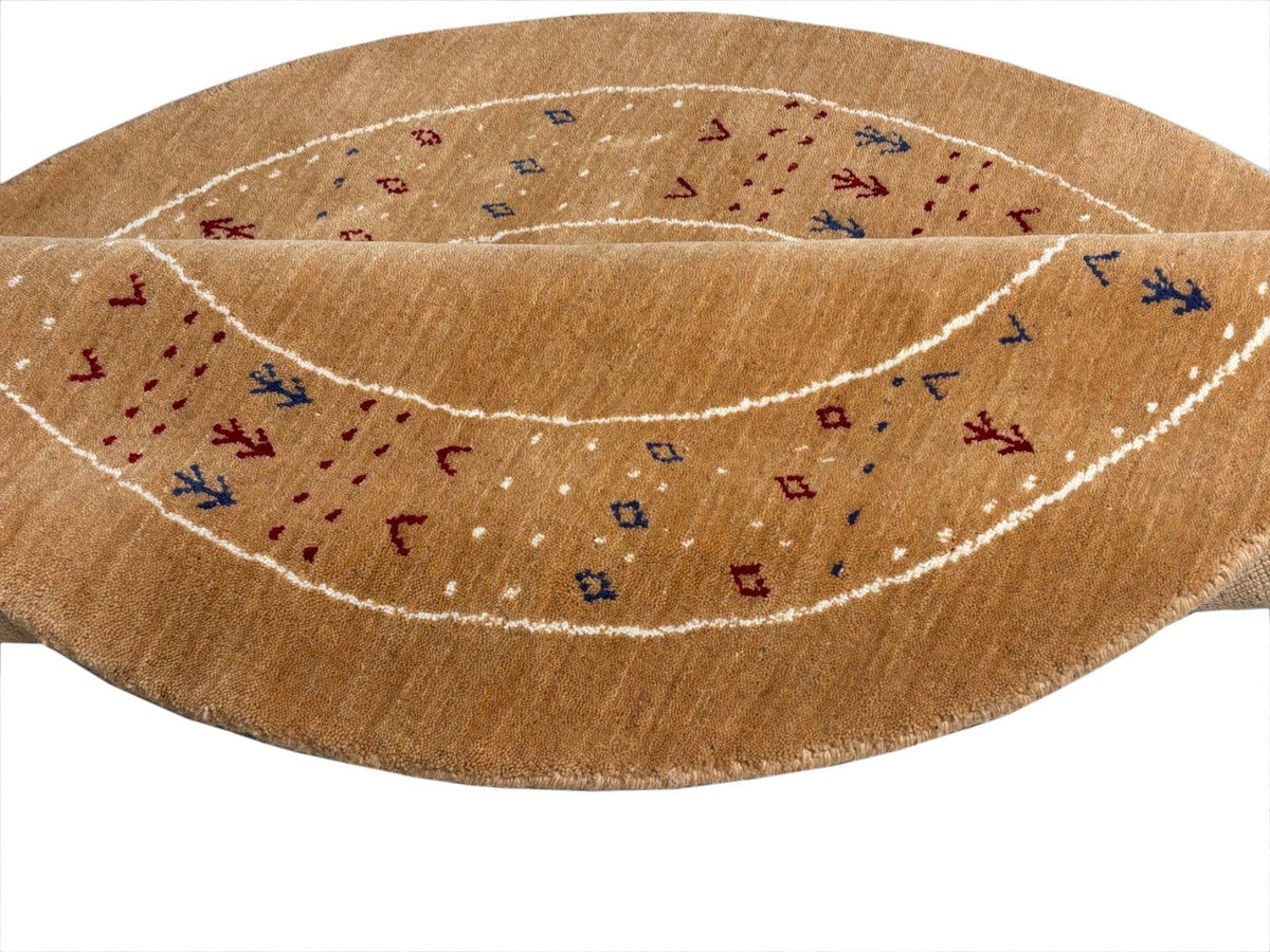 Tapis rond Gabbeh en laine nouée main 120 cm, ton camel