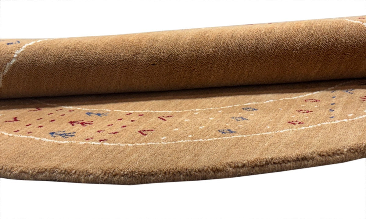 Tapis rond Gabbeh en laine nouée main 120 cm, ton camel