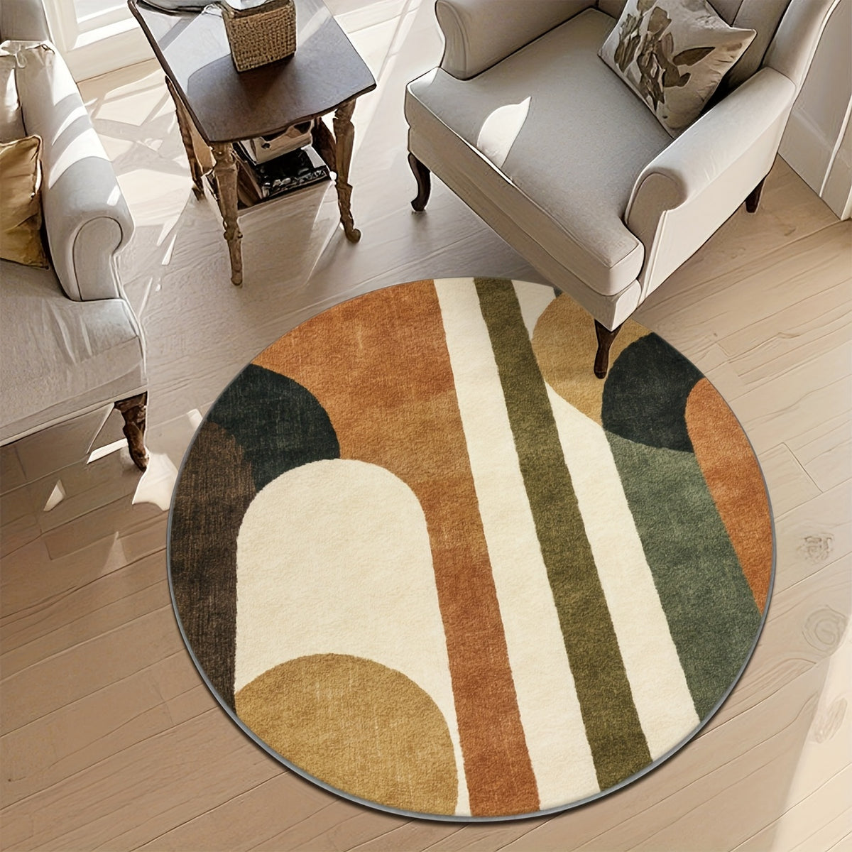 Tapis rond géométrique à arches terracotta, vert et écru