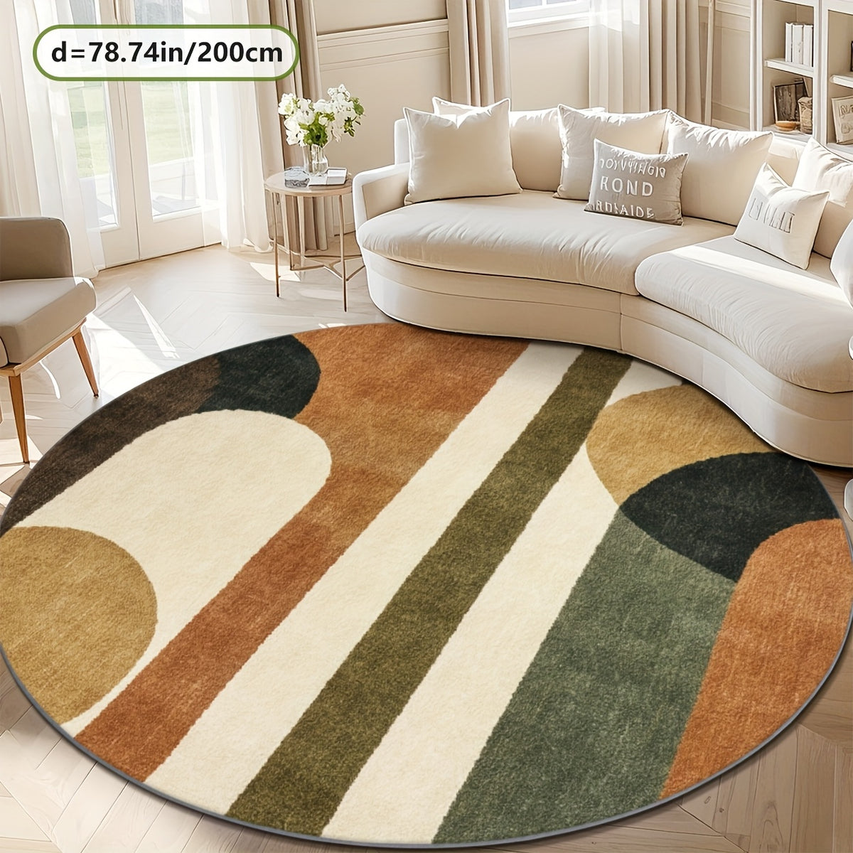Tapis rond géométrique à arches terracotta, vert et écru