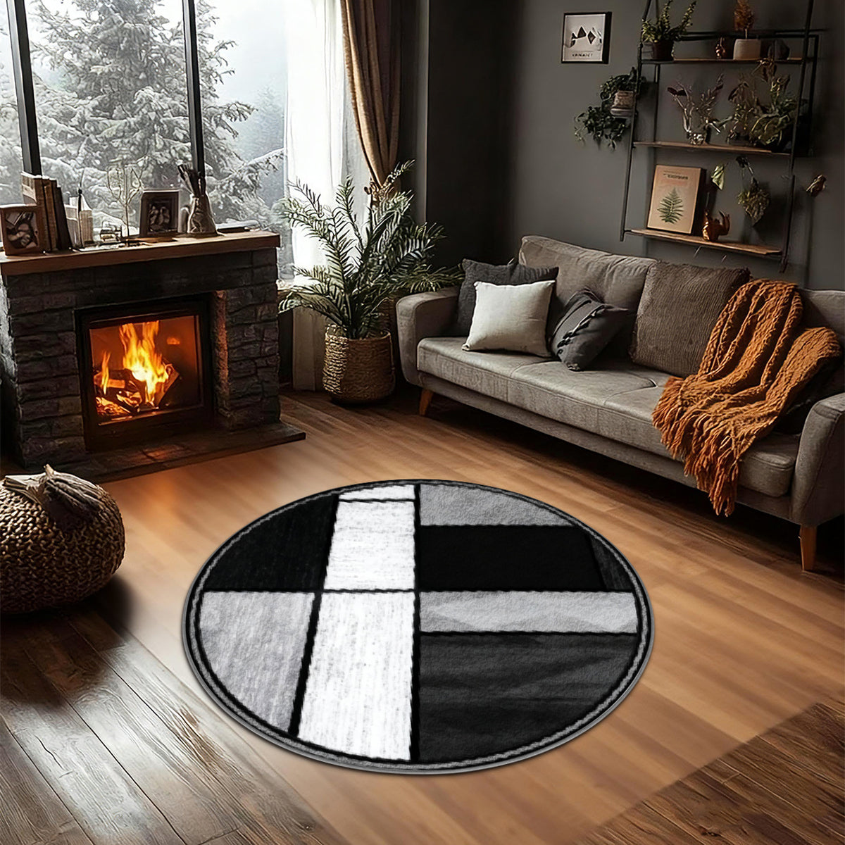Tapis rond géométrique noir, gris et blanc, fond à pois