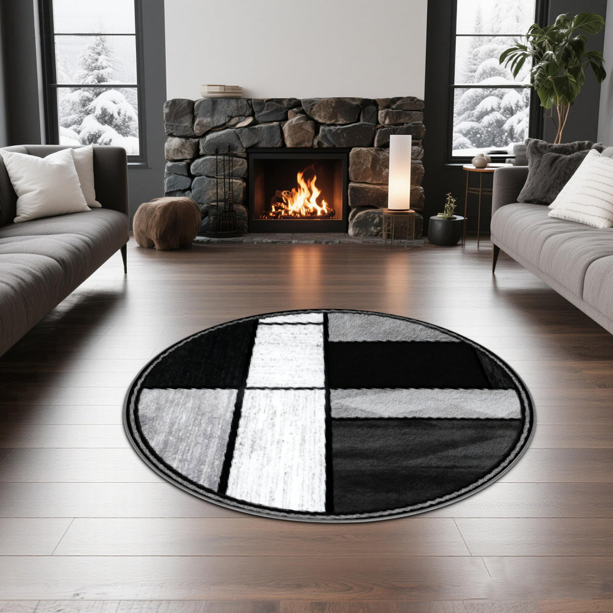 Tapis rond géométrique noir, gris et blanc, fond à pois