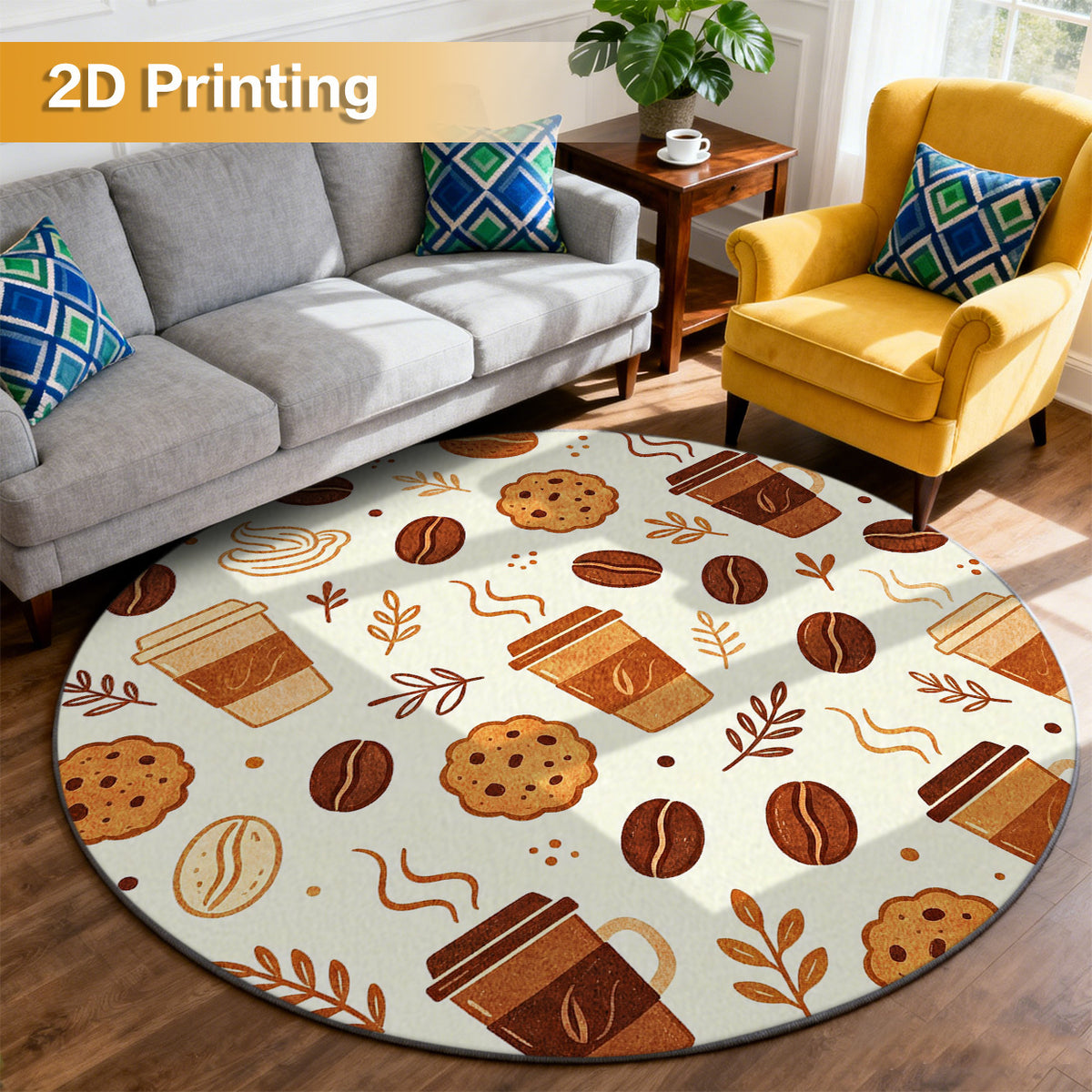 Tapis rond motif gobelets et cookies, crème et brun chaud