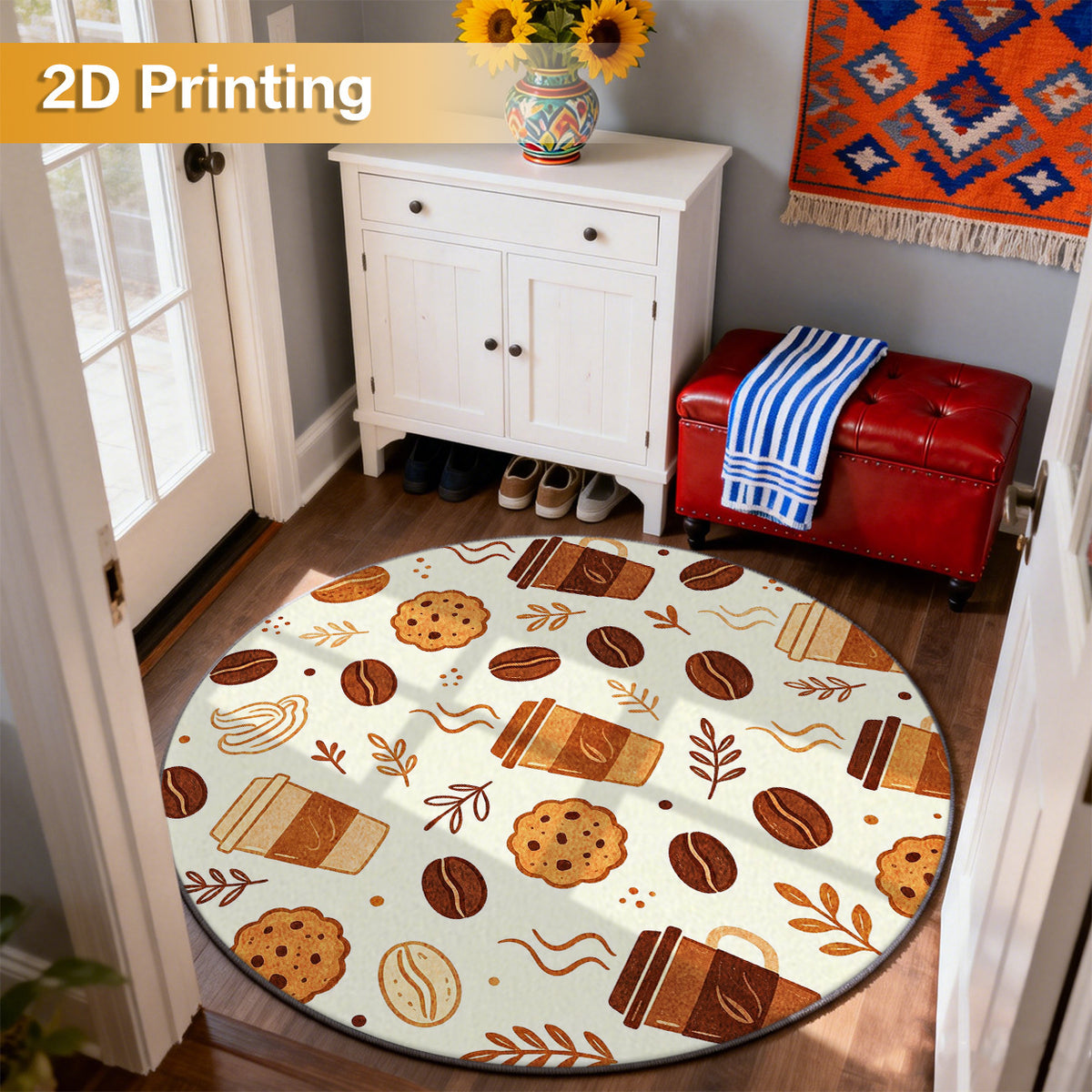 Tapis rond motif gobelets et cookies, crème et brun chaud