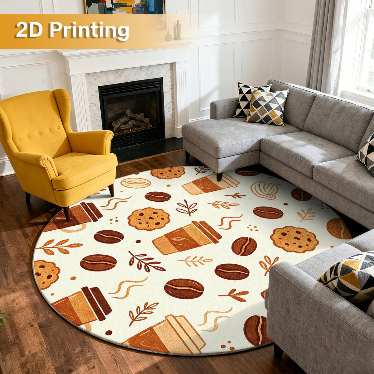 Tapis rond motif gobelets et cookies, crème et brun chaud