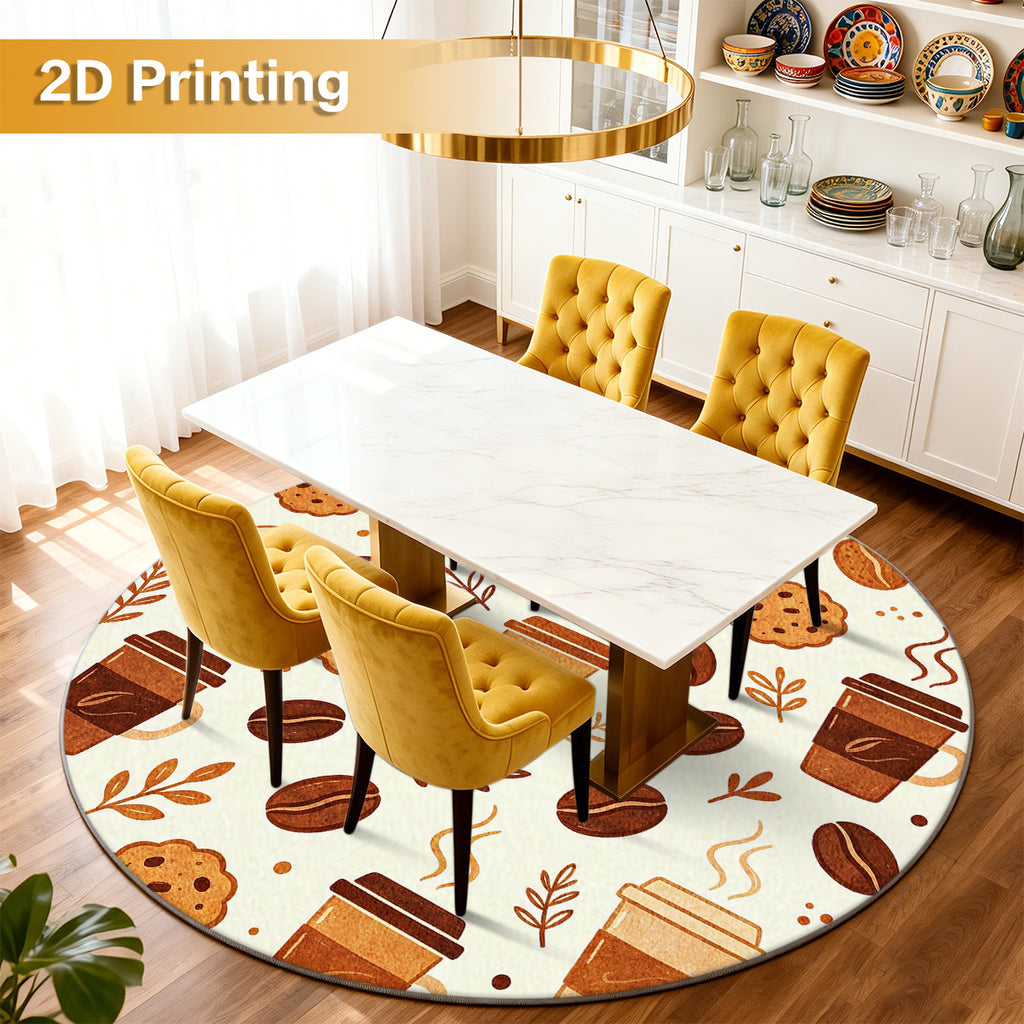 Tapis rond motif gobelets et cookies, crème et brun chaud