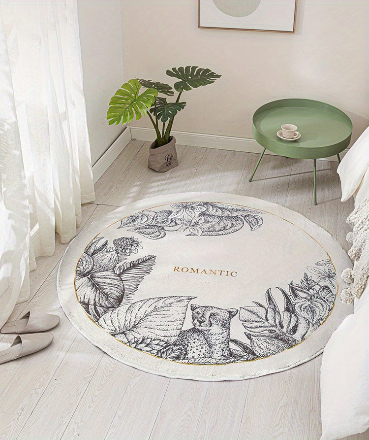 Tapis rond gravure botanique ivoire, dos vinyle, Ø 200 cm