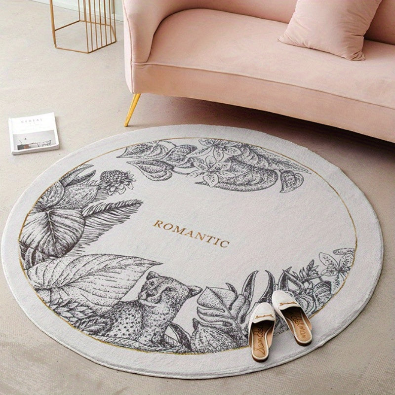 Tapis rond gravure botanique ivoire, dos vinyle, Ø 200 cm