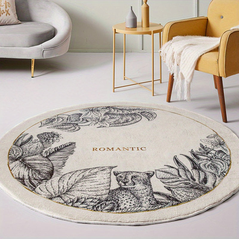Tapis rond gravure botanique ivoire, dos vinyle, Ø 200 cm