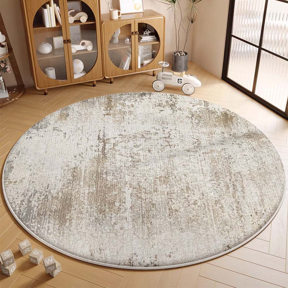 Tapis rond greige délavé, envers à points et tissé plat