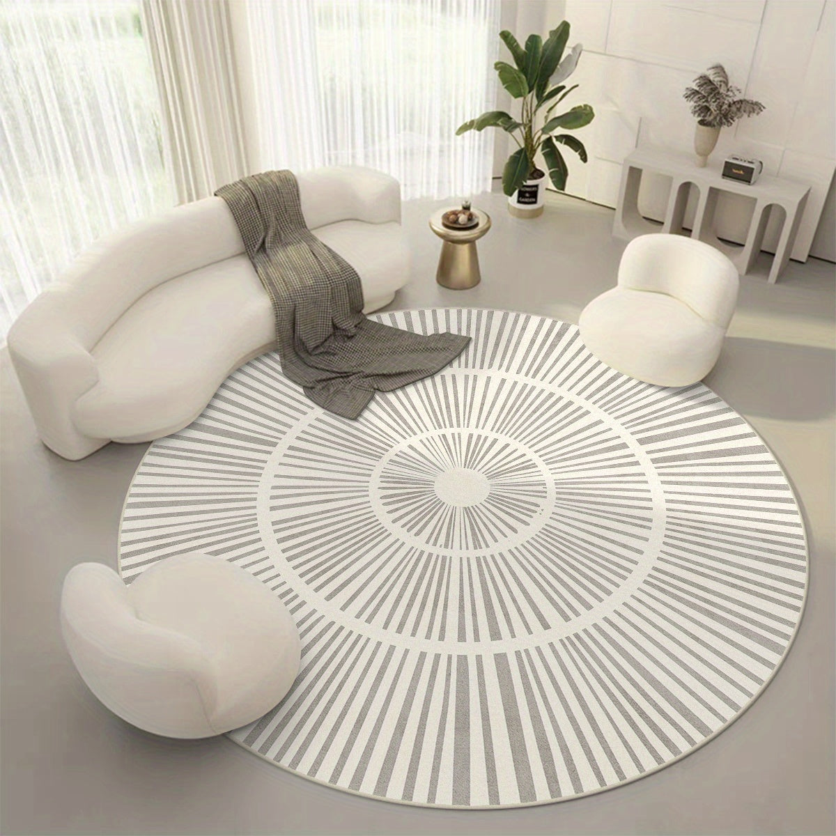Tapis rond greige à rayons concentriques, effet cachemire
