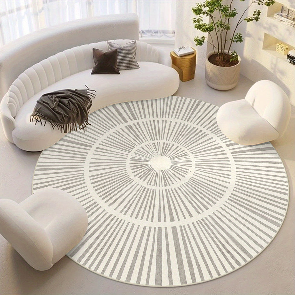 Tapis rond greige à rayons concentriques, effet cachemire