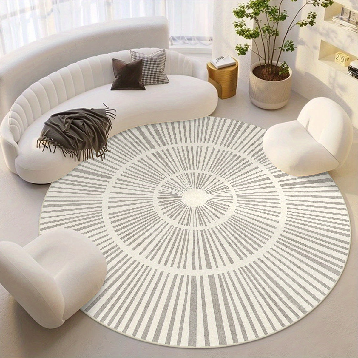 Tapis rond greige à rayons concentriques, effet cachemire