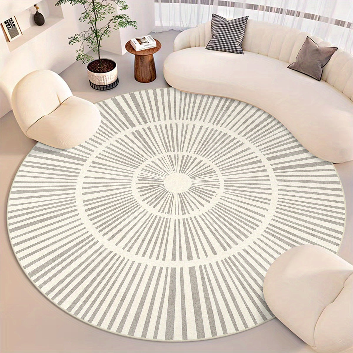 Tapis rond greige à rayons concentriques, effet cachemire