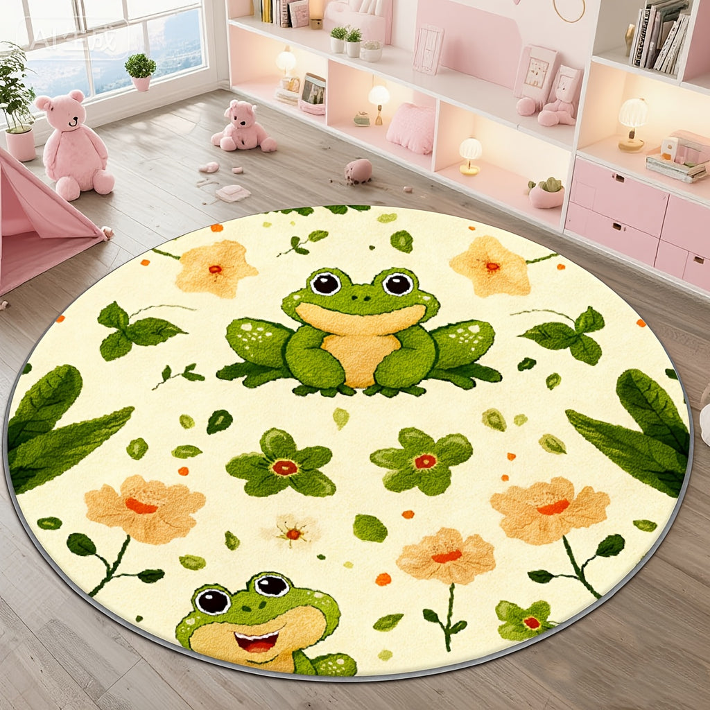 Tapis rond grenouille et marguerites, envers caoutchouté