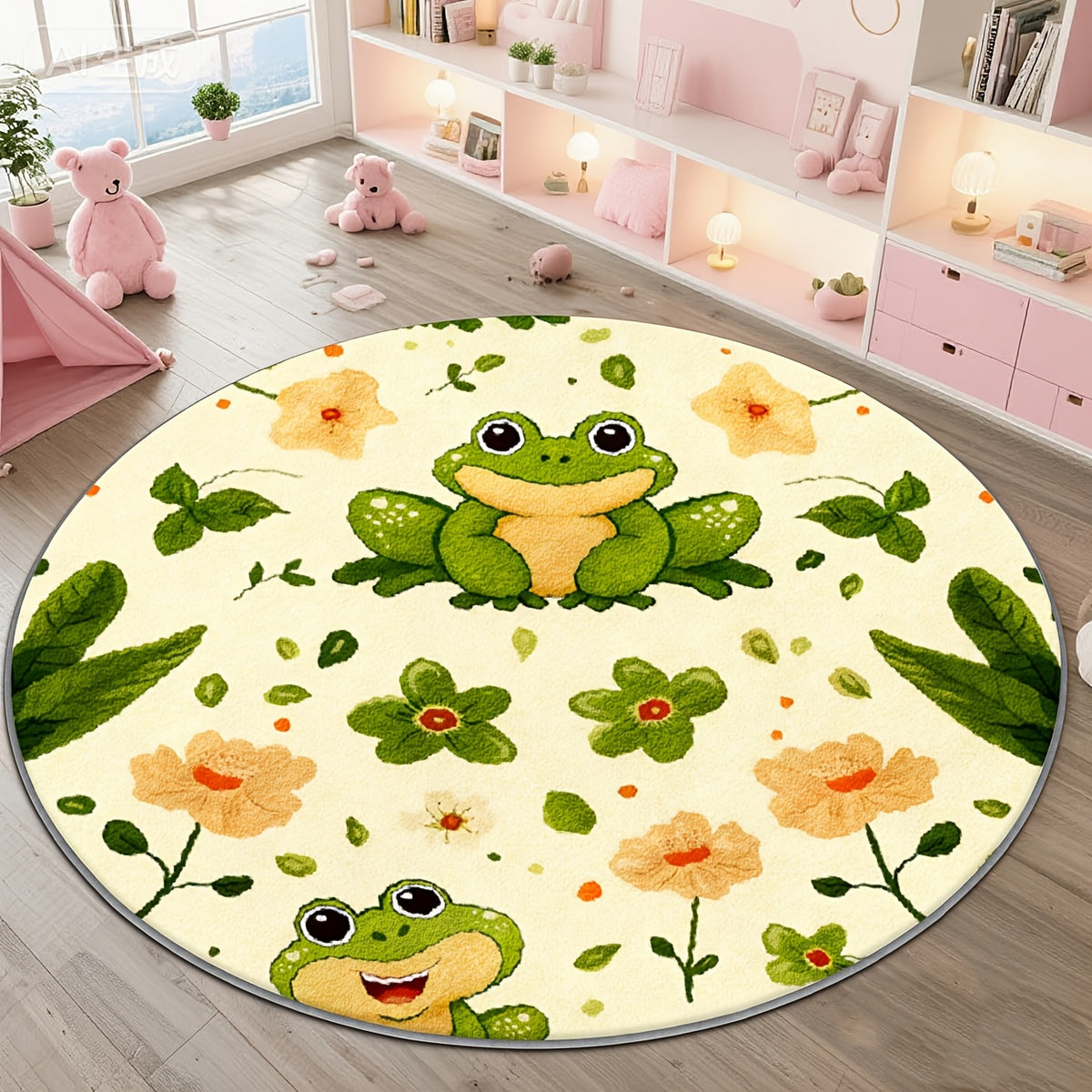Tapis rond grenouille et marguerites, envers caoutchouté