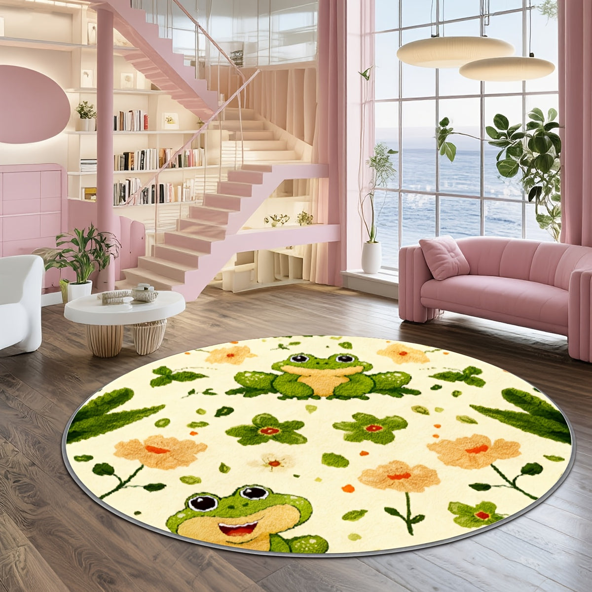 Tapis rond grenouille et marguerites, envers caoutchouté