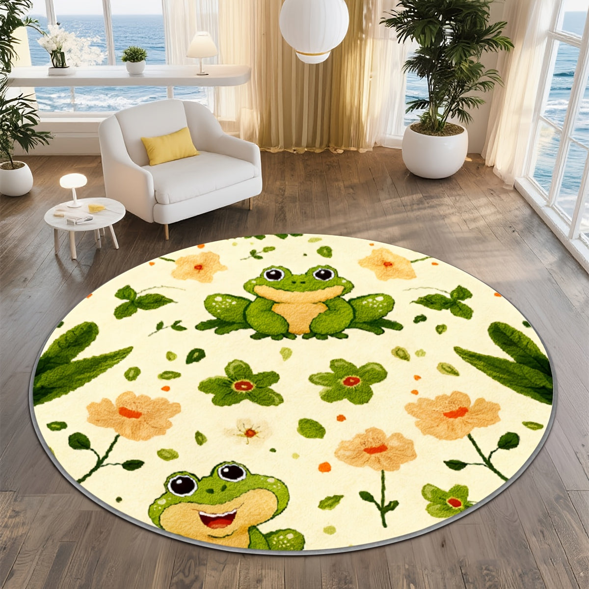 Tapis rond grenouille et marguerites, envers caoutchouté