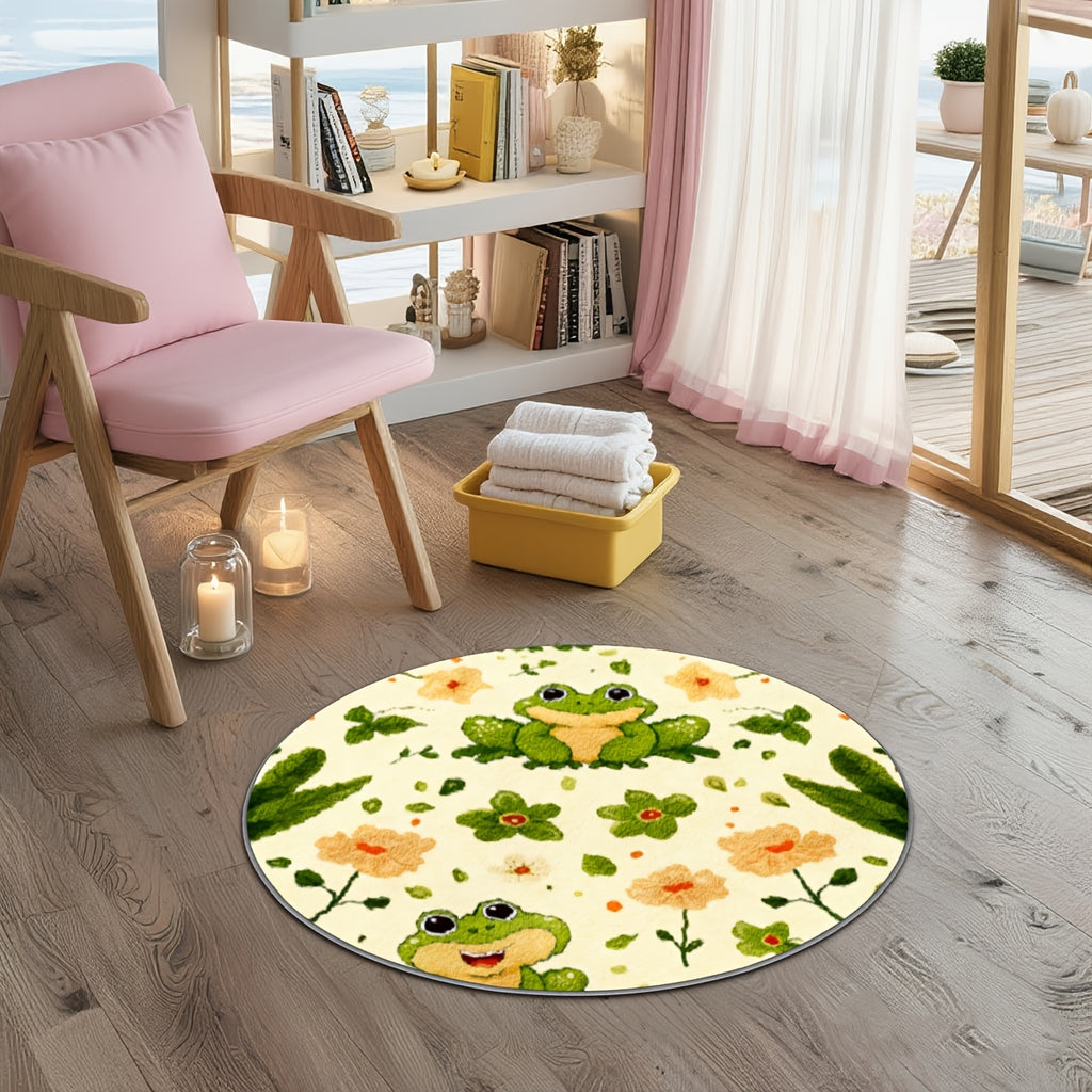 Tapis rond grenouille et marguerites, envers caoutchouté
