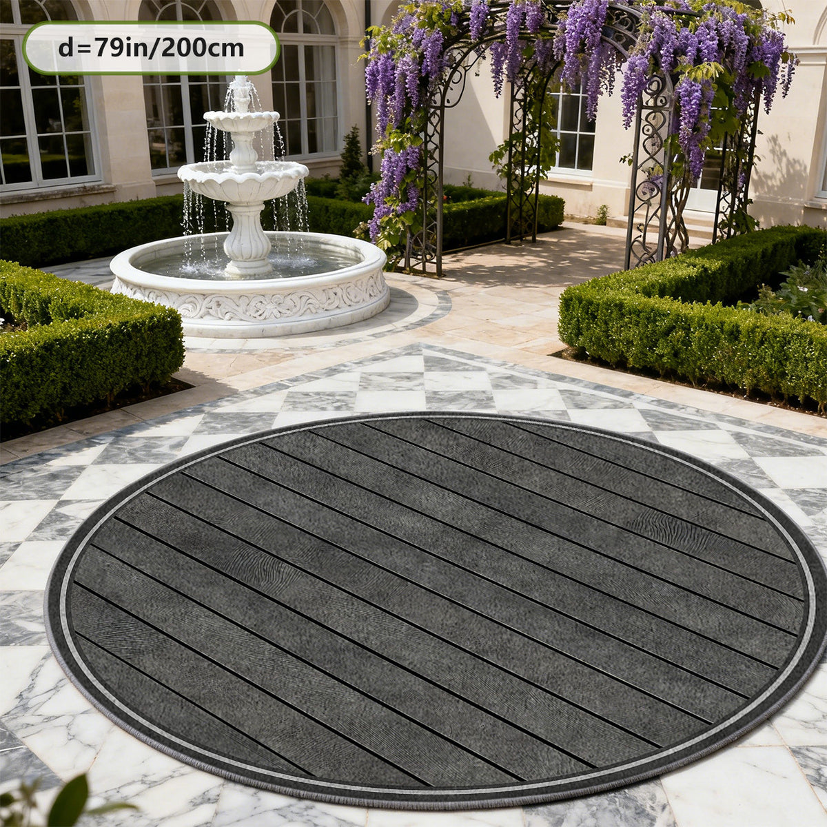 Tapis rond gris anthracite à lames de bois rayées en biais