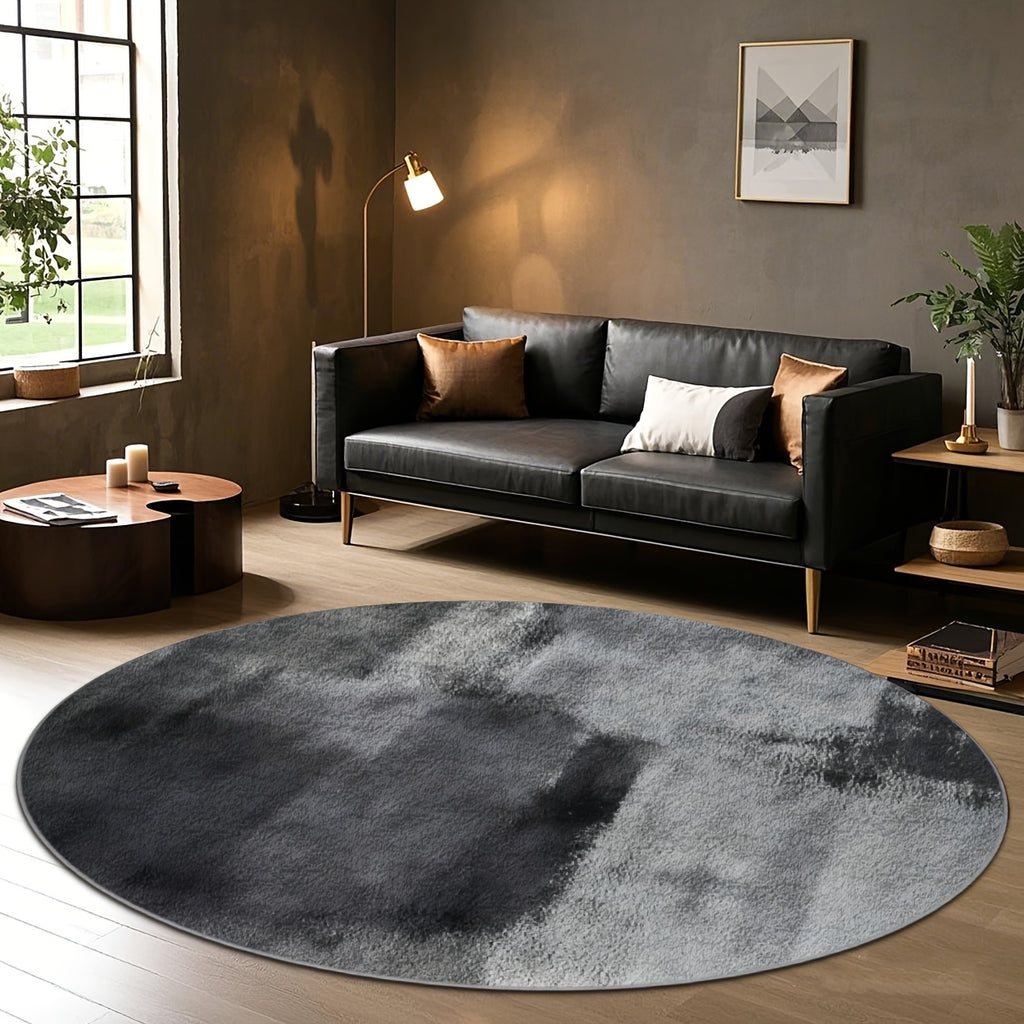 Tapis rond gris anthracite en lavis d'encre, dos à pois