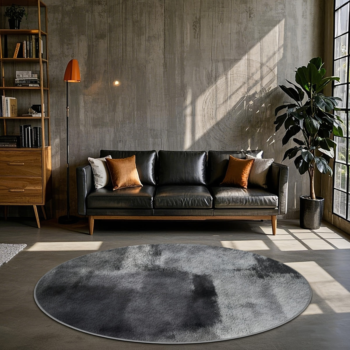 Tapis rond gris anthracite en lavis d'encre, dos à pois