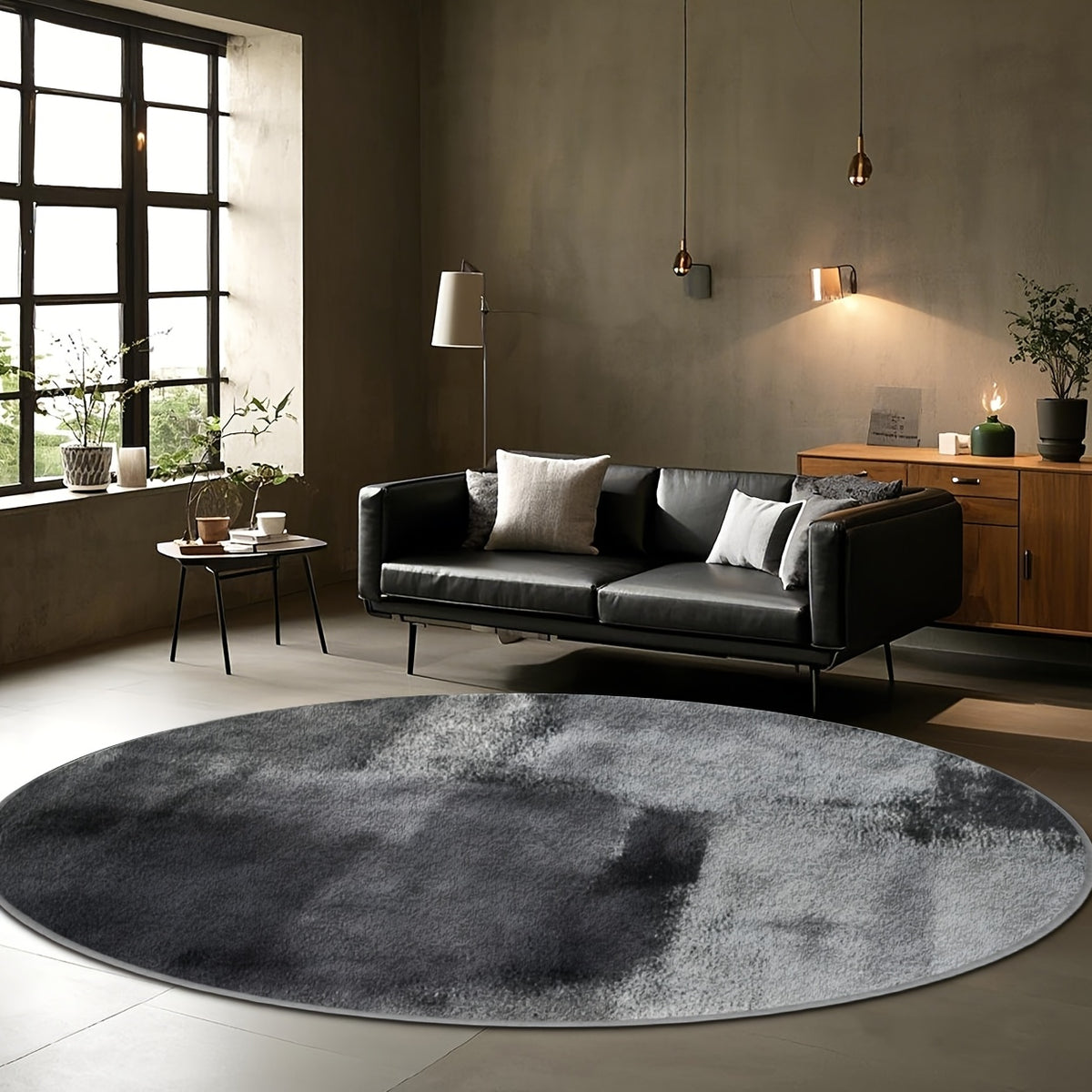 Tapis rond gris anthracite en lavis d'encre, dos à pois