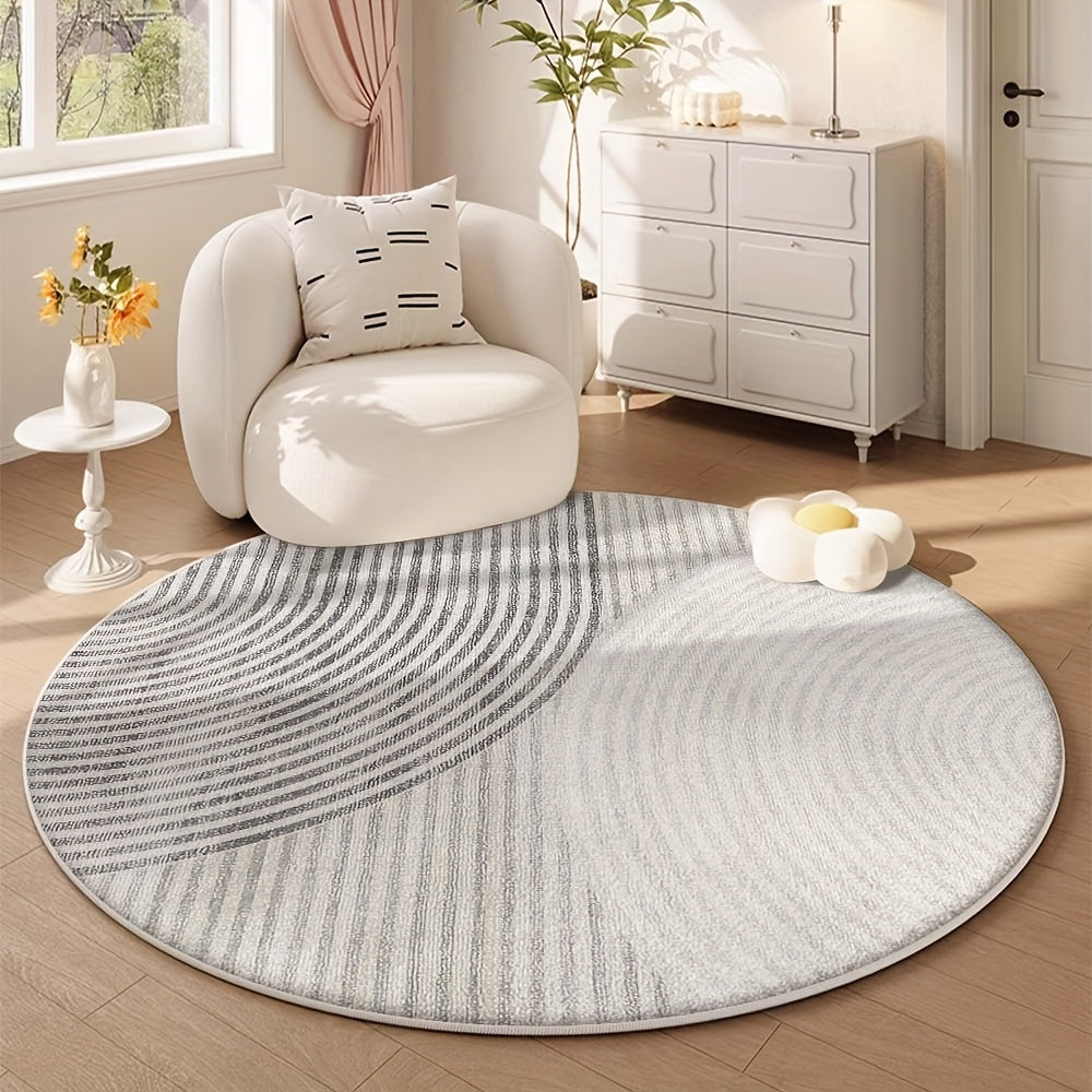 Tapis rond gris à grands arcs rayés et dos PVC antidérapant