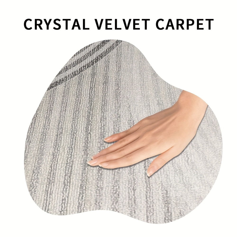 Tapis rond gris à grands arcs rayés et dos PVC antidérapant