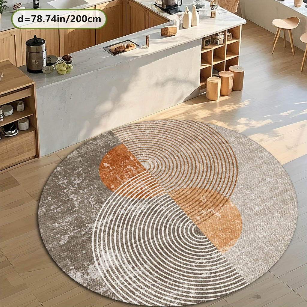 Tapis rond gris à arcs terracotta, cinq diamètres au choix