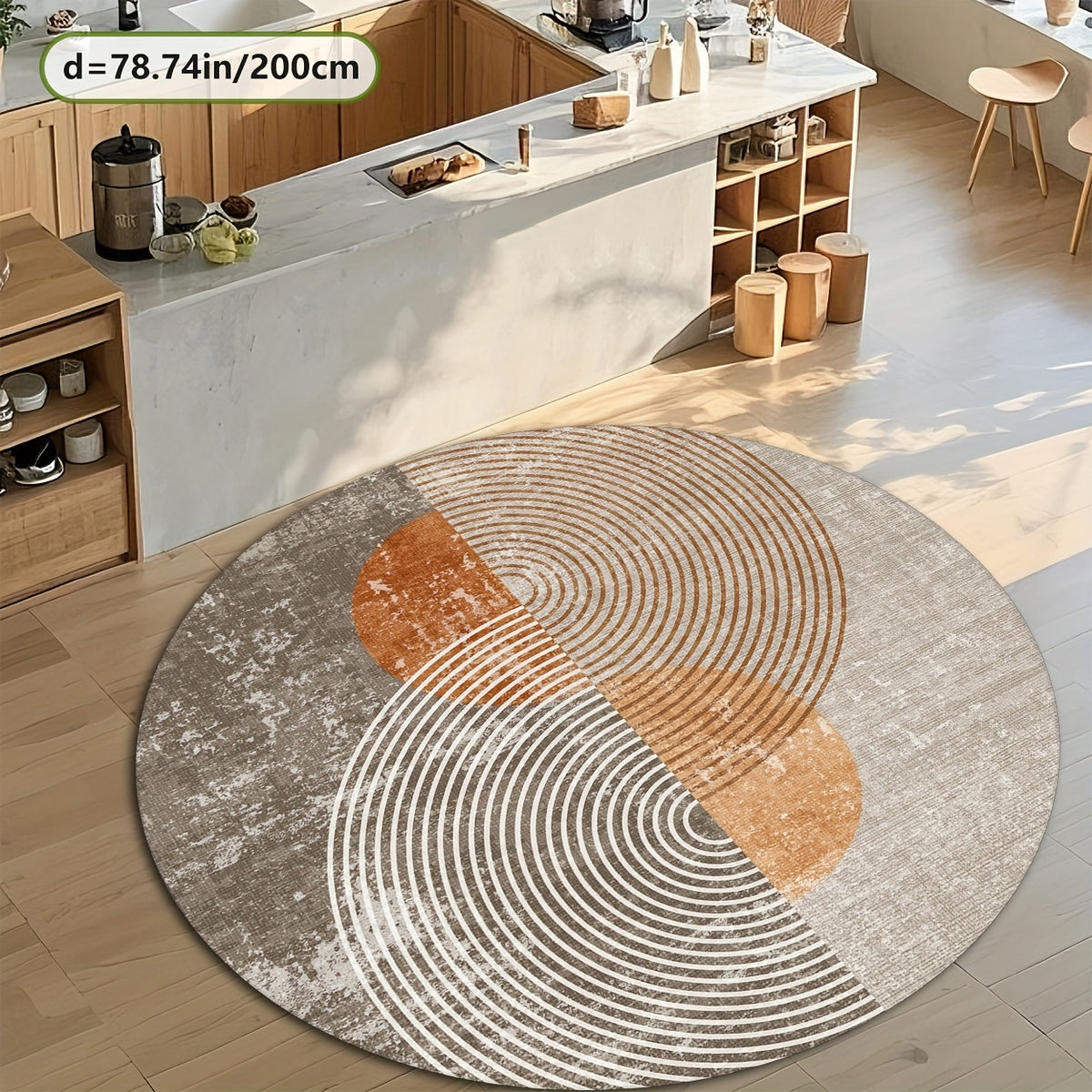 Tapis rond gris à arcs terracotta, cinq diamètres au choix