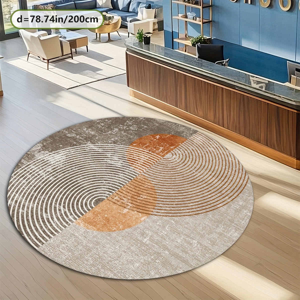Tapis rond gris à arcs terracotta, cinq diamètres au choix