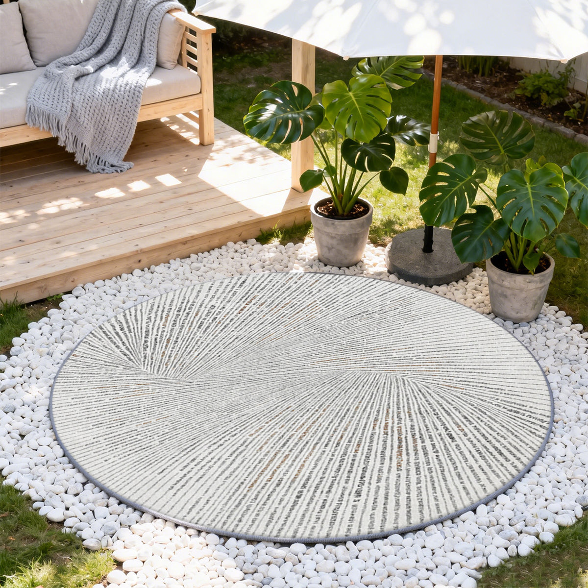 Tapis rond gris et blanc à fines nervures rayonnantes, lavable