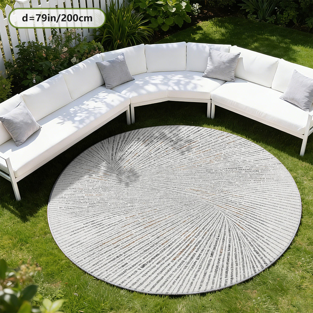 Tapis rond gris et blanc à fines nervures rayonnantes, lavable