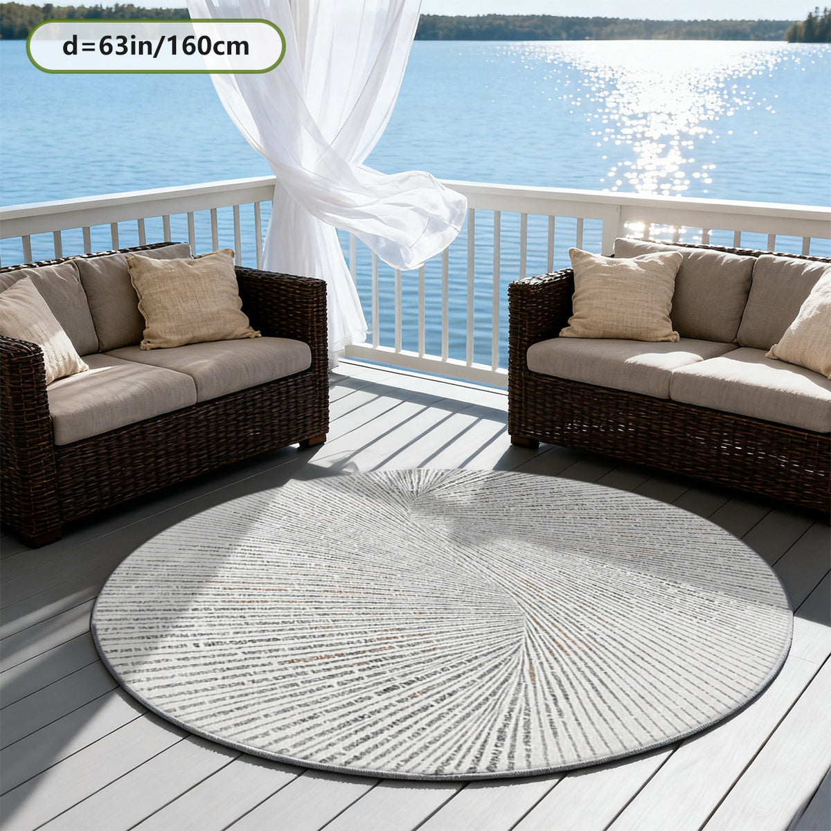 Tapis rond gris et blanc à fines nervures rayonnantes, lavable