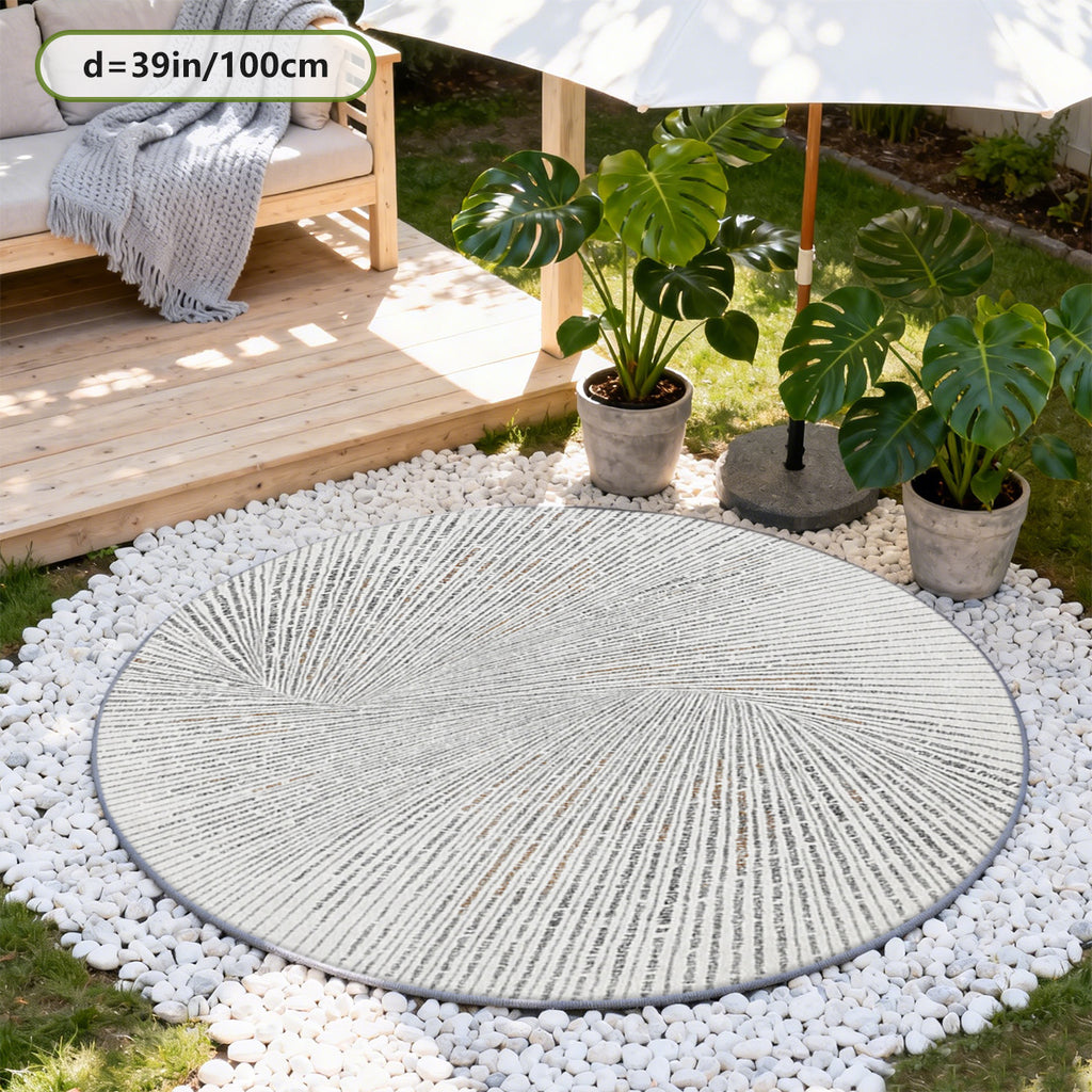 Tapis rond gris et blanc à fines nervures rayonnantes, lavable