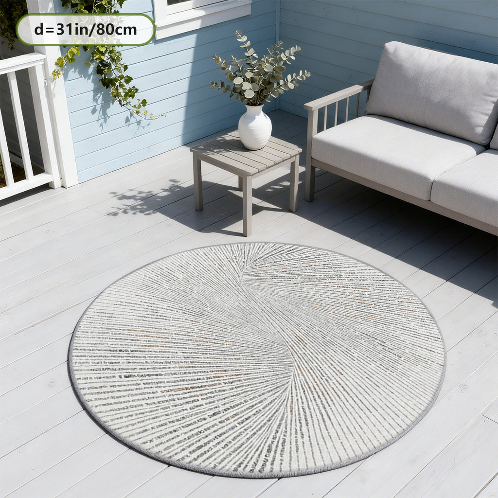 Tapis rond gris et blanc à fines nervures rayonnantes, lavable