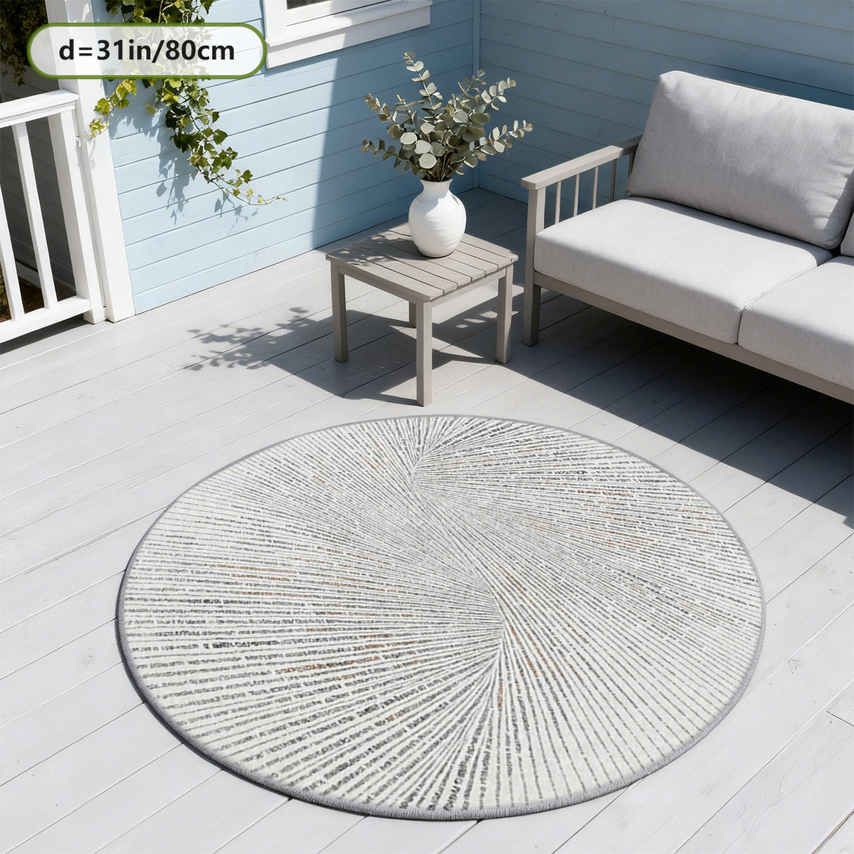 Tapis rond gris et blanc à fines nervures rayonnantes, lavable