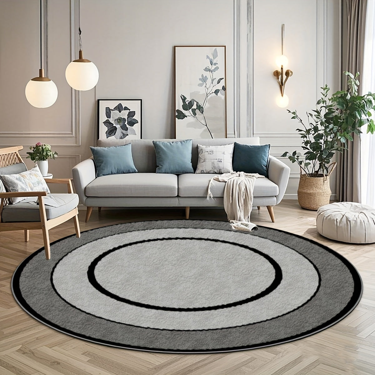 Tapis rond gris à cercles concentriques noirs, fond à pois