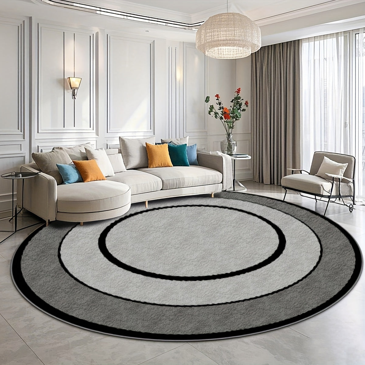Tapis rond gris à cercles concentriques noirs, fond à pois