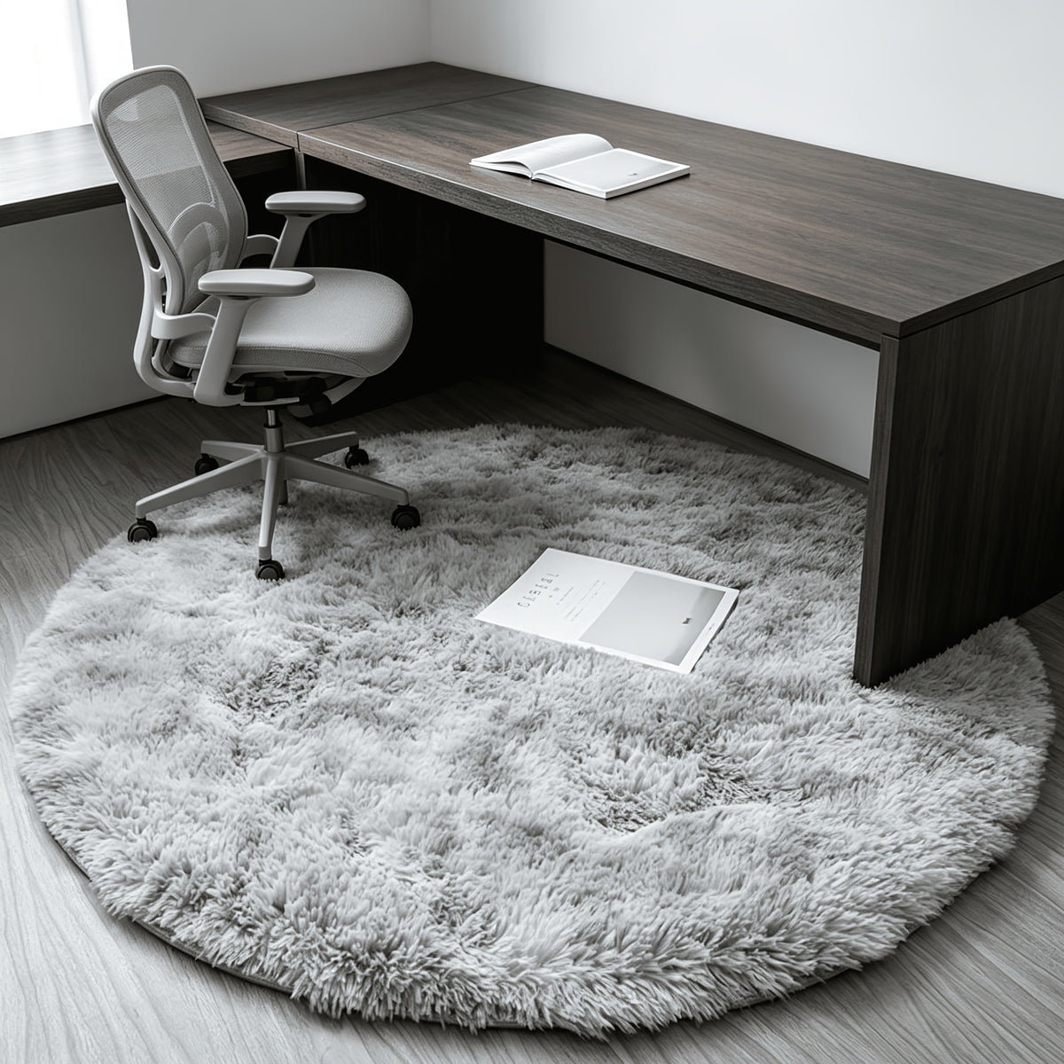 Tapis rond gris clair à poil long Ø 200 cm, dos antidérapant