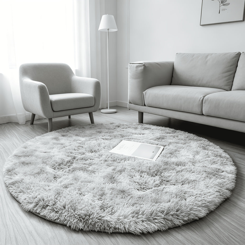 Tapis rond gris clair à poil long Ø 200 cm, dos antidérapant