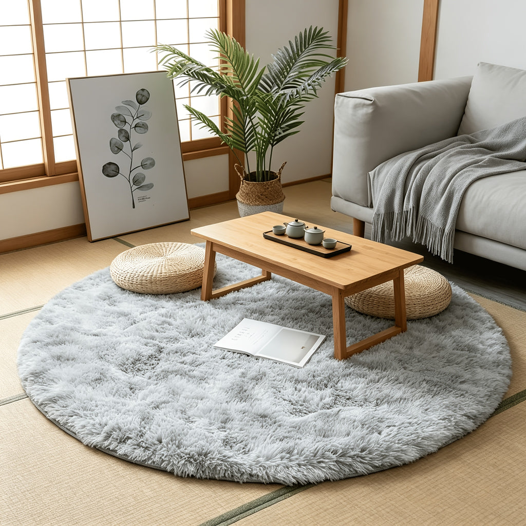 Tapis rond gris clair à poil long Ø 200 cm, dos antidérapant